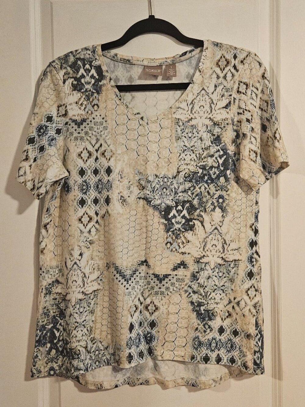 Chico's Patchwork Medallion Print Top Size 1/US M Blue Beige Cotton Modal V-Neck